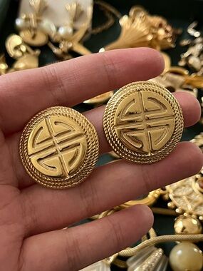Authentic Vintage Givenchy Logo Monogram Medallion Braided Gold Clip-On Earrings